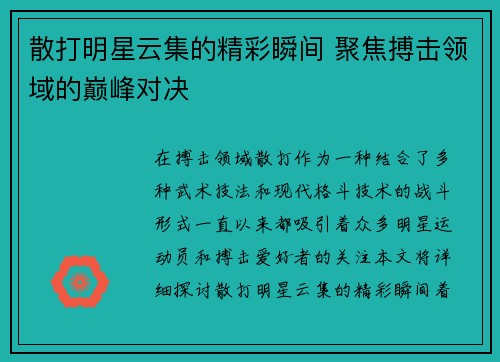 散打明星云集的精彩瞬间 聚焦搏击领域的巅峰对决