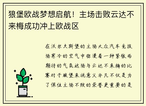 狼堡欧战梦想启航！主场击败云达不来梅成功冲上欧战区