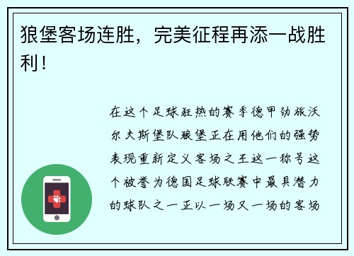 狼堡客场连胜，完美征程再添一战胜利！